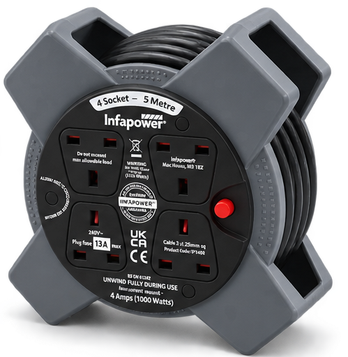 Infapower 5m Extension Cable Reel 4 Socket 13A UK Plug Compact Mains Lead
