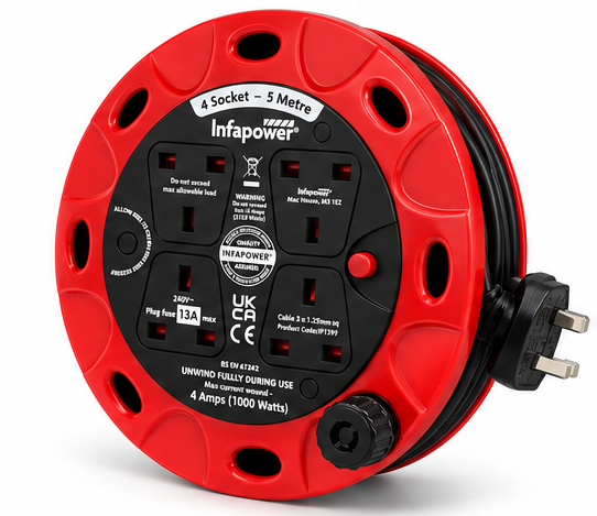 Infapower 5m Extension Lead Cable Reel 4 Socket 13A UK Plug Mains Power