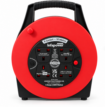Infapower 10m Extension Cable Reel 4 Socket 13A UK Plug Mains Power Lead