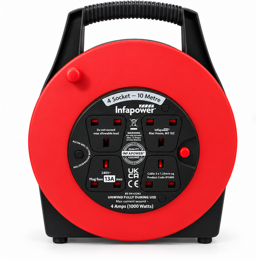 Infapower 10m Extension Cable Reel 4 Socket 13A UK Plug Mains Power Lead