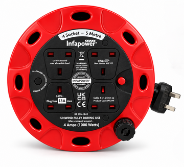 Infapower 5m Extension Lead Cable Reel 4 Socket 13A UK Plug Mains Power