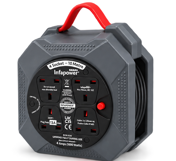 Infapower 10m Extension Lead Cable Reel 4 Socket 13A UK Plug Compact Power