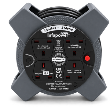 Infapower 5m Extension Cable Reel 4 Socket 13A UK Plug Compact Mains Lead