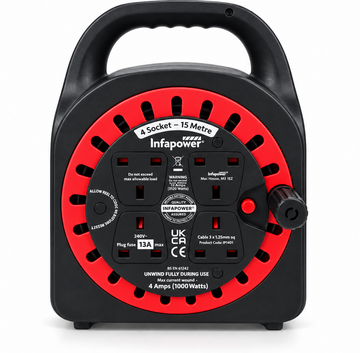 Infapower 15m Extension Cable Reel 4 Socket 13A UK Plug Mains Power Lead