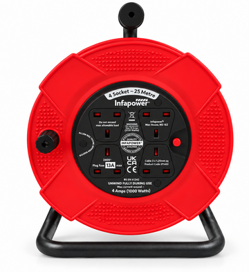Infapower 25m Extension Cable Reel 4 Socket 13A UK Plug Mains Power Lead