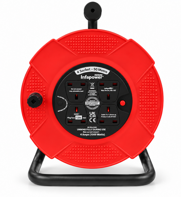 Infapower 50m Extension Cable Reel 4 Socket 13A UK Plug Mains Power Lead