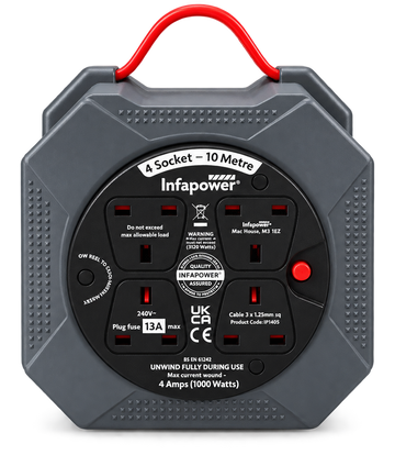 Infapower 10m Extension Lead Cable Reel 4 Socket 13A UK Plug Compact Power