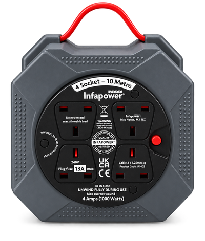 Infapower 10m Extension Lead Cable Reel 4 Socket 13A UK Plug Compact Power