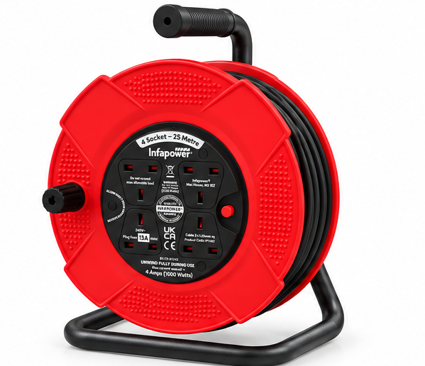 Infapower 25m Extension Cable Reel 4 Socket 13A UK Plug Mains Power Lead