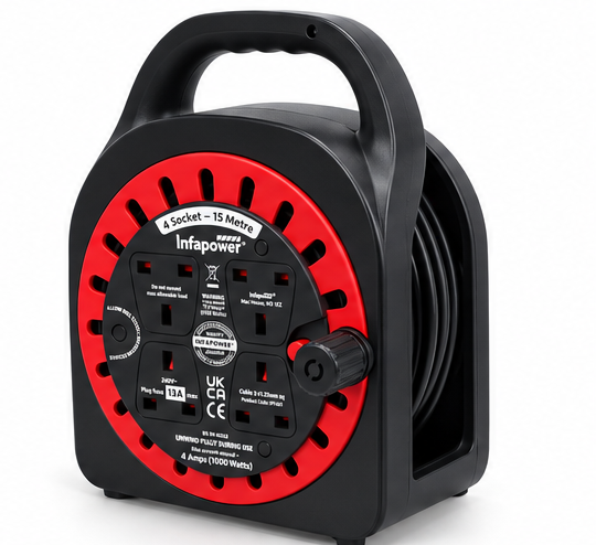 Infapower 15m Extension Cable Reel 4 Socket 13A UK Plug Mains Power Lead