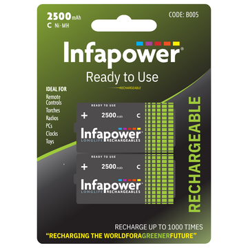 2 x C Size 2500mAh Batteries Ready to Use