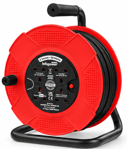 Infapower 50m Extension Cable Reel 4 Socket 13A UK Plug Mains Power Lead